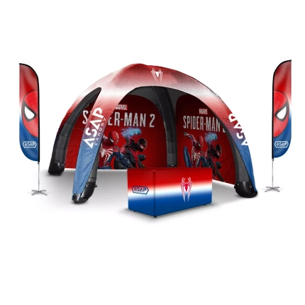 Table Cover + Feather Flags + 2 pcs Canopy Wall + 16×16 Inflatable Air tent with logo Print